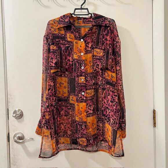 Womens Orange Red Printed Sheer Pleated Skirt & LS Button Down Top Set Sz XL/2XL - Picture 4 of 14